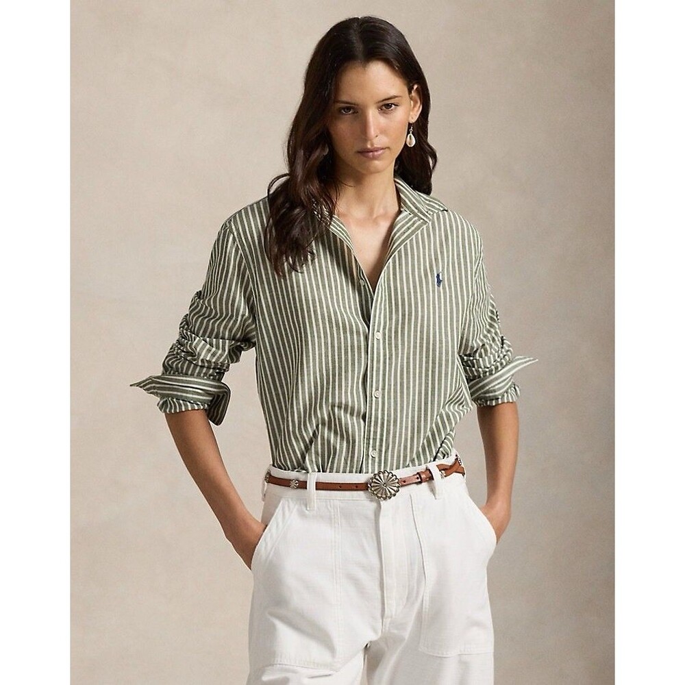 Polo Ralph Lauren Women’s Striped Button Down Shirt Green White LSleeve Medium